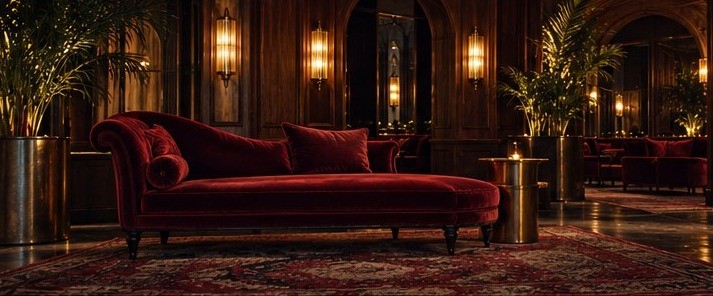 A quiet red velvet lounge setting, softly lit