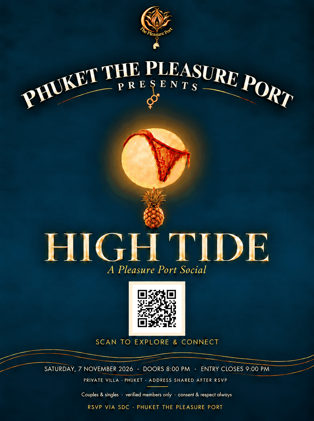 HIGH TIDE flyer: a moon with a red lace thong hanging from it and a gold pineapple below, A Pleasure Port Social